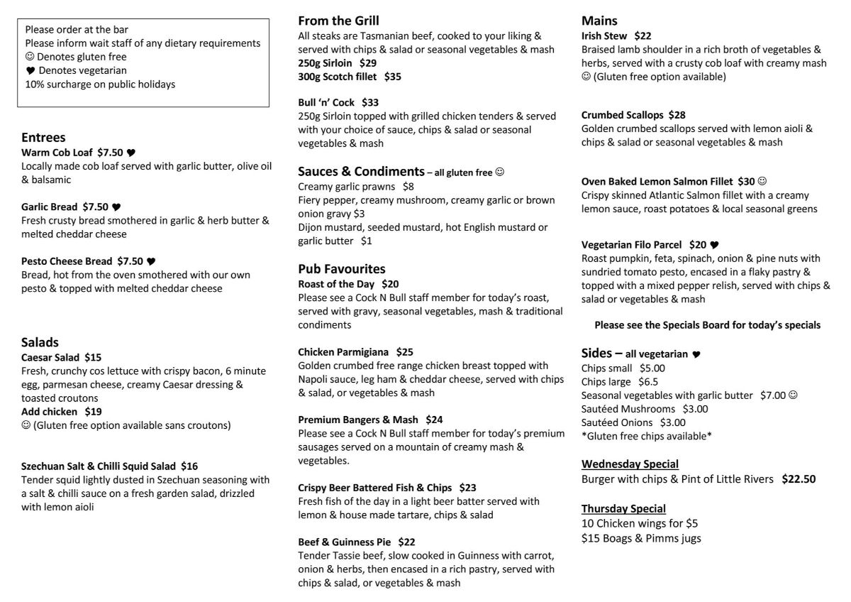 COCK 'N' BULL BRITISH PUB » Heads Up Launceston & Food Guide