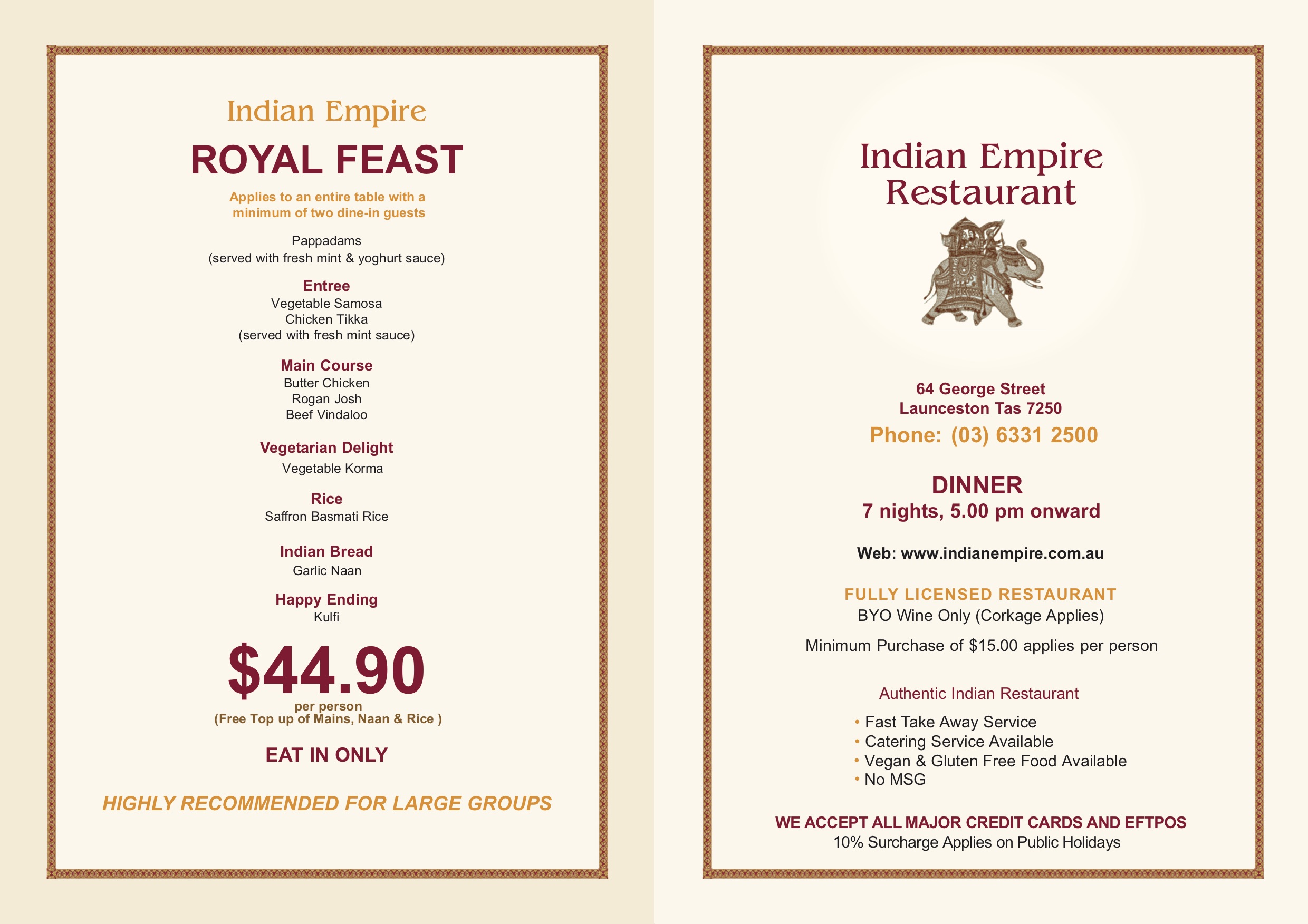 INDIAN EMPIRE RESTAURANT » Heads Up Launceston & Food Guide