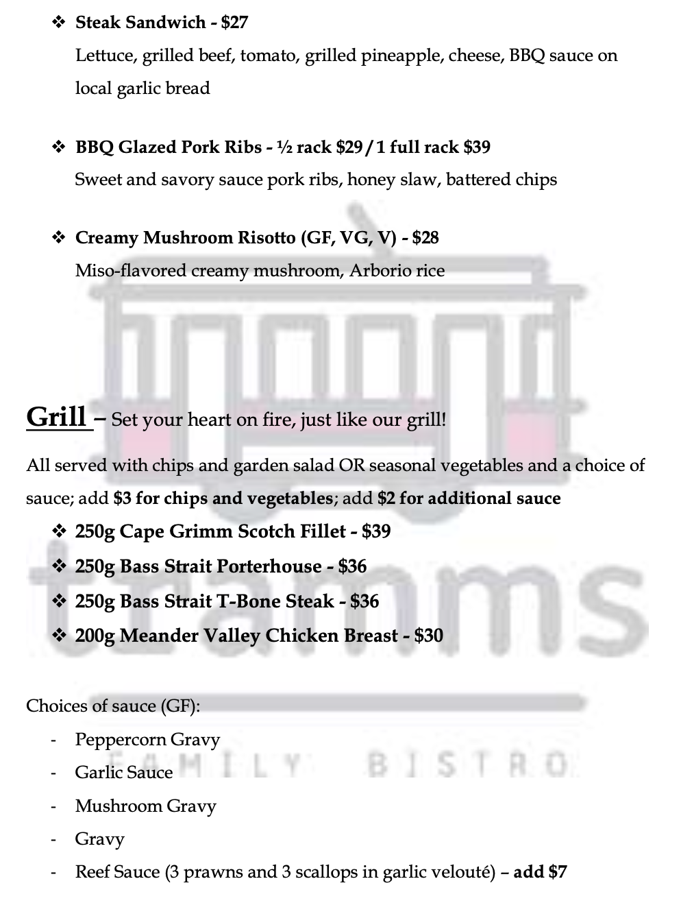 Menu from the Tramms Bistro @ the Park Hotel
